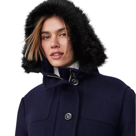 Ann Taylor Weekend Collection Faux Fur Trim Wool Duffle Coat Blue Size M - Picture 3 of 12